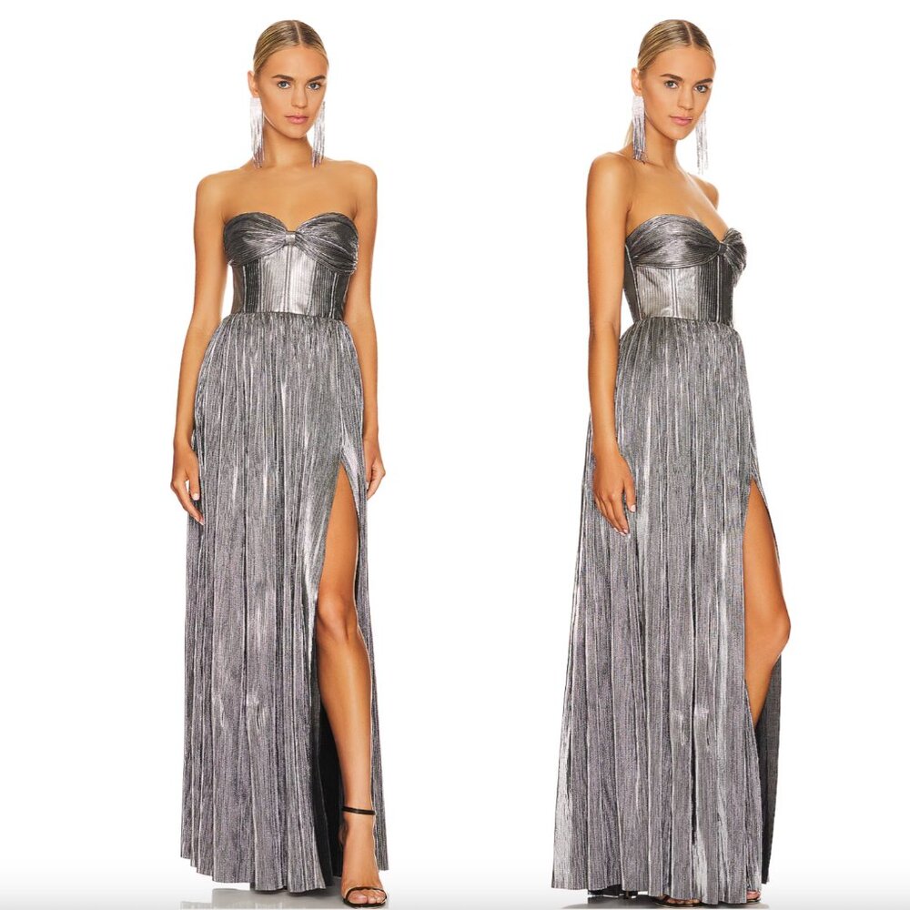 NEW Bronx and Banco Florence Gown in Silver Metallic Strapless Formal Maxi Dress - Picture 2 of 6